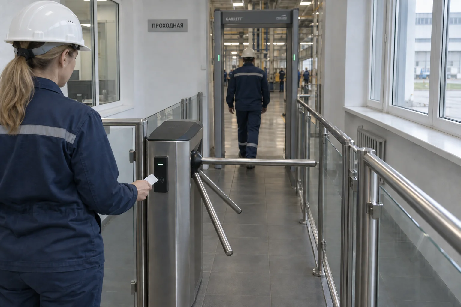 Сотрудница у турникета-трипода, на заднем плане проход через металлодетектор