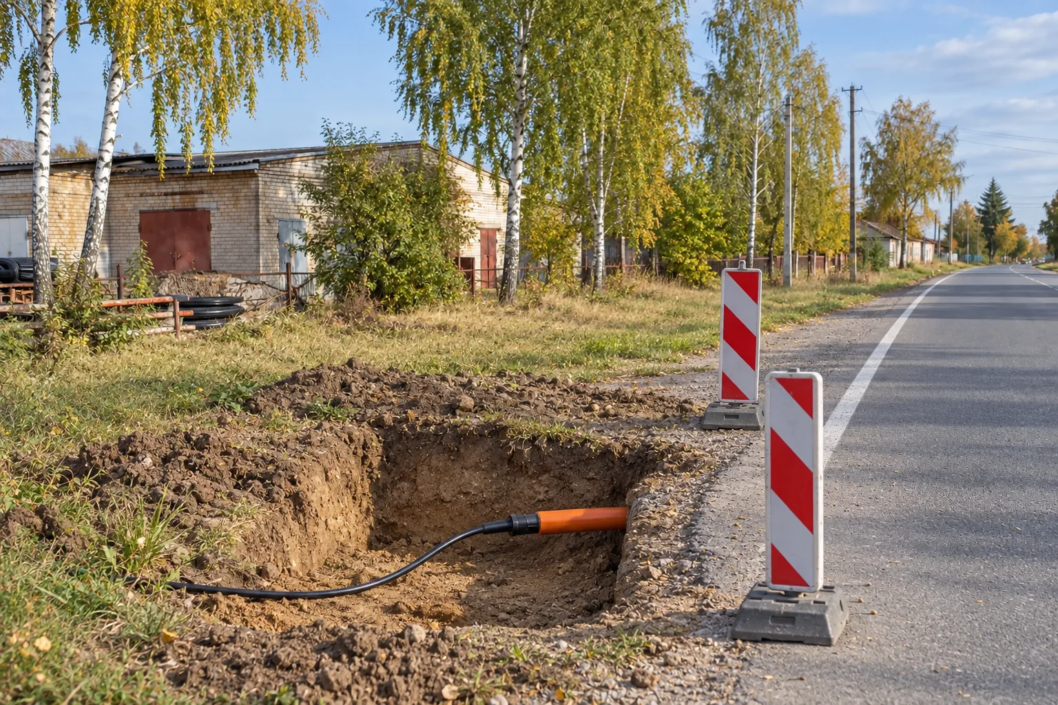 Выход защитной трубы после ГНБ-перехода под дорогой